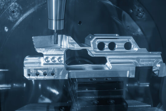 The 5-axis machining center cutting aerospace parts with solid ball nose end mill tool in the light blue scene.