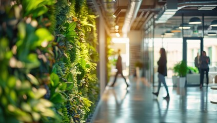 Green living wall in a modern office interior with people walking in the style of, green energy and sustainability concept Generative AI