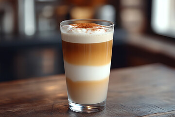 A long macchiato with layered espresso and milk in a clear glass.