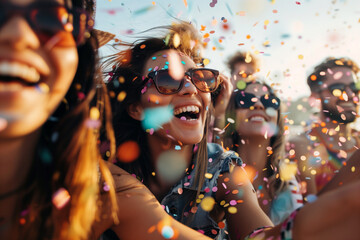 A group of friends enjoying a vibrant outdoor festival, laughing and smiling with colorful confetti flying around, capturing the joyful