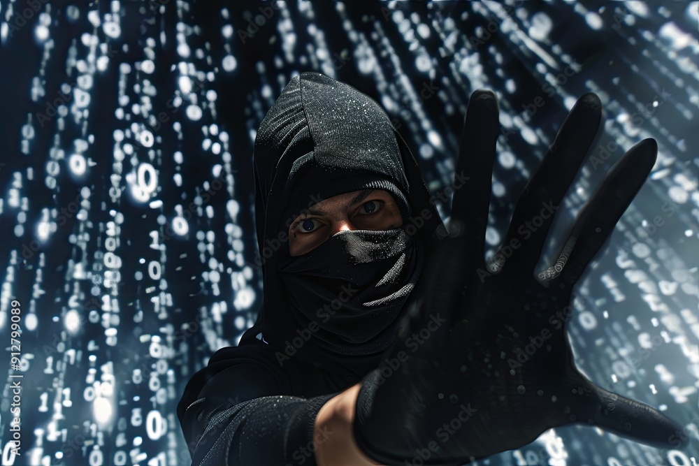 Poster mysterious hooded figure with glowing digital code in the background.