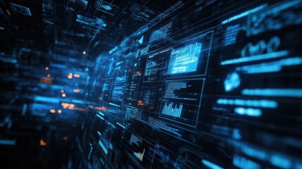 Abstract digital background with blue and orange glowing lines and data.