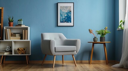 Stylish living room with a gray armchair and blue wall.