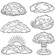 Clouds in hand drawn vintage retro style isolated on white background.