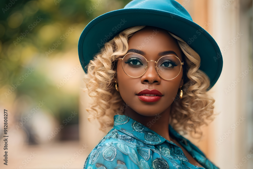 Wall mural A woman wearing a blue hat and glasses is standing on a street