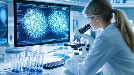 A scientist examines samples using a microscope while analyzing data on a computer in a modern laboratory setting
