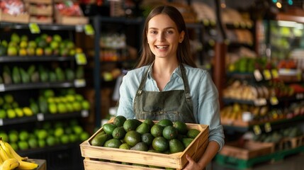 Female worker carrying a crate of fresh avocado fruit in store - Powered by Adobe