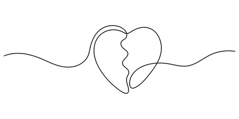 Fototapeta premium Broken heart continuous line drawing vector on white background. One line broken heart vector background. Ruined love. Continuous outline broken heart.