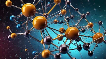 3D Illustration of Science Background with Futuristic Sci-Fi Colors, Featuring Intricate Molecule and Atom Models, Perfect for Scientific, Educational, and Tech-Themed Projects