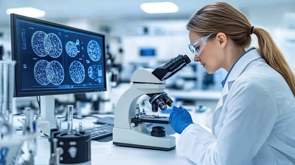 A scientist examines samples using a microscope while analyzing data on a computer in a modern laboratory setting