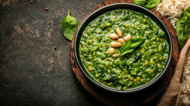 Nutritious Palak Khichdi, an Indian dish of lentils, rice, and spinach, displayed with advertising space. Perfect for healthy meal promotions.
