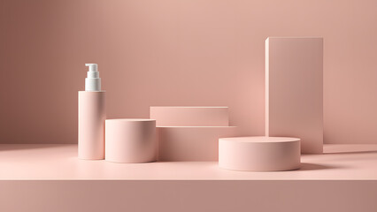 A set of pink boxes and bottles are arranged on a table