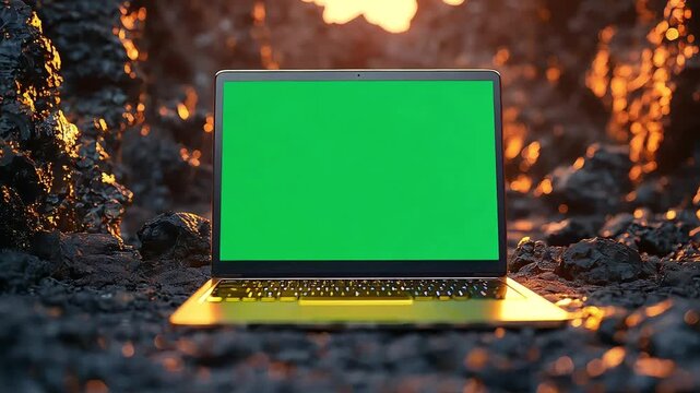 The Macbook laptop mockup is placed on a surface resembling a rocky, volcanic landscape