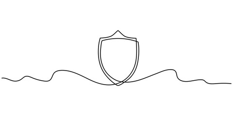 Shield in continuous line drawing style on white background. Line drawing of a shield. Vector illustration. abstract background. Security line