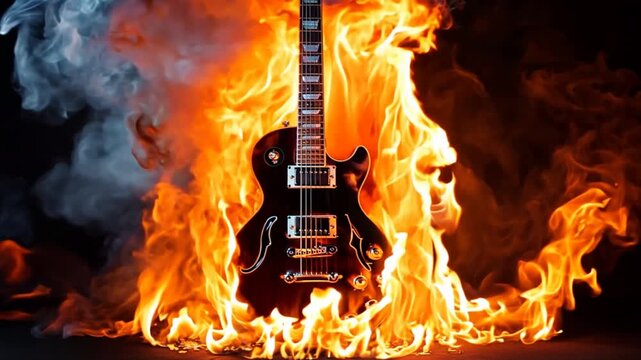 A rock guitar with a classic design. The flames were spreading wildly throughout the speaker.