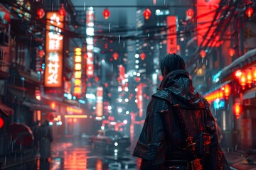 Obraz premium Cyberpunk Cityscape with Rain and Neon Lights.