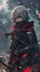 Obraz premium Anime Warrior in Dark Forest.