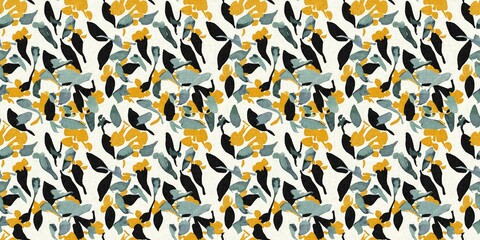 Modern printed fabric flower block print pattern with linen texture effect. Stylized boho dark floral for chic fashion background motif border design.