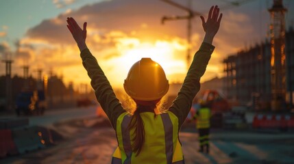 Construction worker celebrating sunset at a job site, wearing a hard hat and reflective vest, conveying joy and achievement