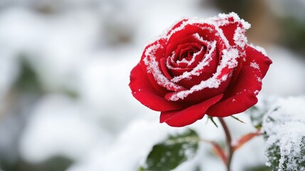 Close-up of a red rose in the snow, emphasizing the beauty of nature with plenty of copy space.