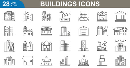 Buildings line icons set. Architecture, skyscrapers, urban, cityscape, landmarks, construction, real estate, modern and more. vector illustration.