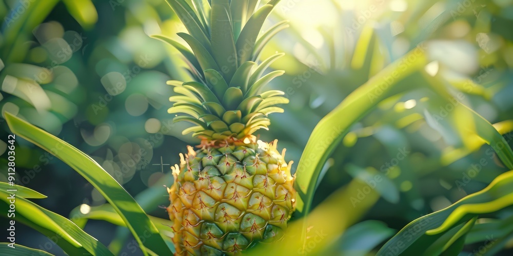 Wall mural pineapple growing on a pineapple plant with its distinctive crown