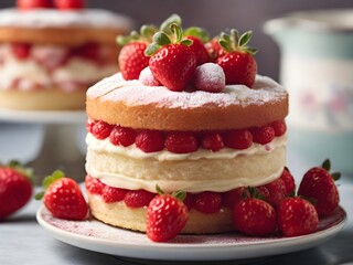 A close-up of the classic Victoria Strawberry Sponge Cake with Cream