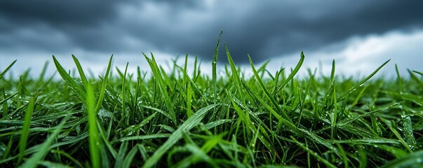 Fototapeta premium Lush green grass under a moody sky, capturing the beauty and contrast of nature's colors in a serene landscape.