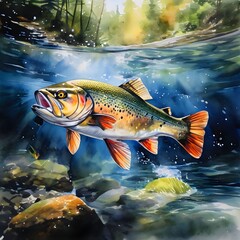 Rainbow Trout Swimming Under Water Mountain Stream Forest Light Rays Sunrise Lighting Fishing Fish Wall Art Print Artwork