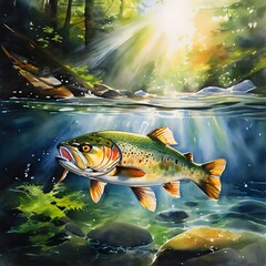 Rainbow Trout Swimming Under Water Mountain Stream Forest Light Rays Sunrise Lighting Fishing Fish Wall Art Print Artwork