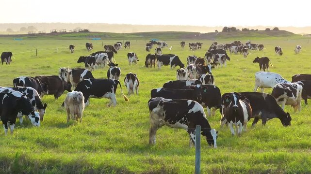Free range milk cows grazing on green farm pasture. Feeding of cattle on farmland grassland