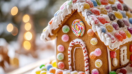 Naklejka premium Photography of a close-up of a beautifully decorated gingerbread house with icing and candies 