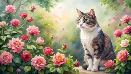 A Serene Symphony of Blooms and Feline Grace: A Watercolor Cat Amidst a Garden of Roses  Generative AI