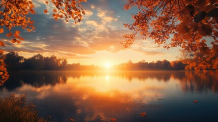 A stunning autumn sunset casts warm hues across a calm lake, reflecting colorful foliage and creating a serene atmosphere in the early evening