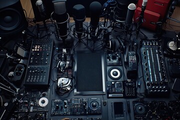 Fototapeta premium Podcasting equipment including microphones, mixers, and pop filters neatly arranged