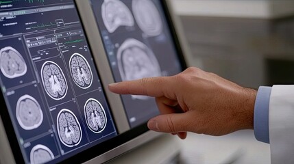 A medical expert examines brain scans displayed on dual monitors, focusing on diagnostic images for evaluation in a clinical environment