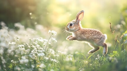Obraz premium Bunny Hop in Spring Meadow: A playful bunny leaps through a field of blooming wildflowers, bathed in the golden glow of the setting sun. This image evokes a sense of joy, innocence, and the beauty o