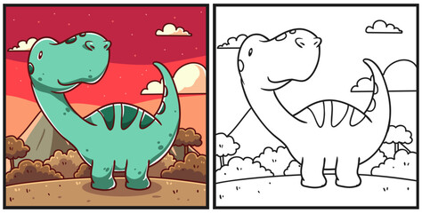 Green dinosaur with sunset background coloring page illustration