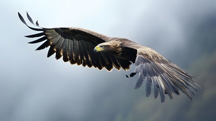 Obraz premium Golden Eagle Soaring: A majestic golden eagle with powerful wings spread wide, gracefully glides through a misty sky, capturing the essence of freedom, strength, and resilience. 