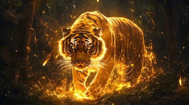 Fiery Tiger in the Forest: A majestic Bengal tiger, engulfed in a blazing inferno of golden light, strides confidently through a dark forest, radiating power and untamed beauty.  