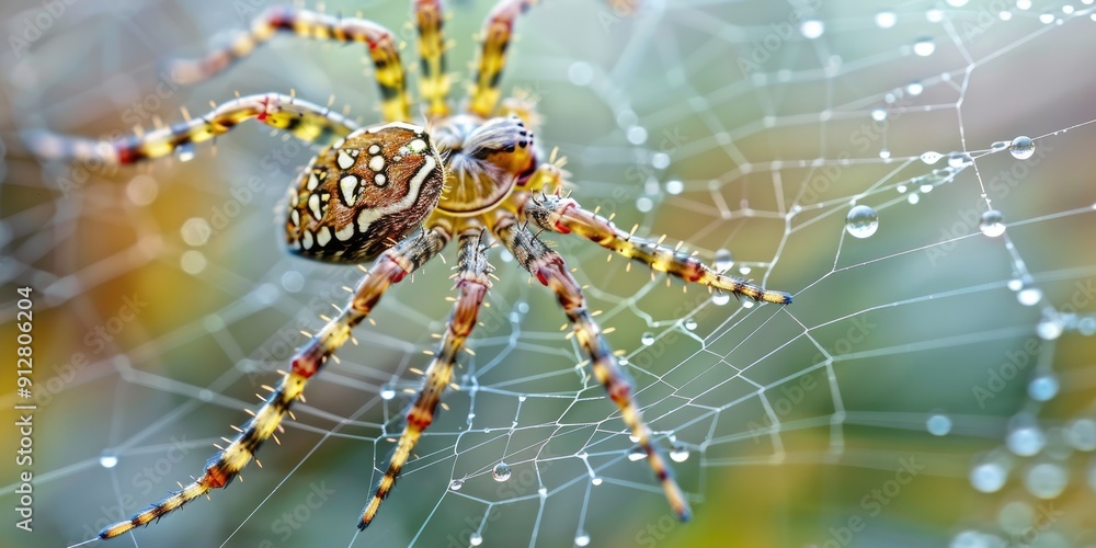 Poster Close up of a Diadem spider dangling in its intricate web