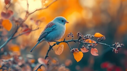 A small bird rests on a branch adorned with colorful autumn leaves as the sun sets, casting a warm glow in the background