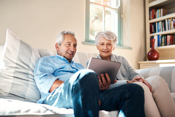 Naklejka premium Happy old couple, tablet or online on investment app with smile or banking profit review in home. Results, senior or elderly people reading retirement savings account, insurance growth or news update