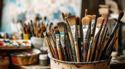 Fototapeta premium A collection of various art supplies, such as paintbrushes and brushes, arranged in an artistic display on the table.
