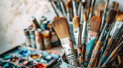 A collection of various art supplies, such as paintbrushes and brushes, arranged in an artistic display on the table.