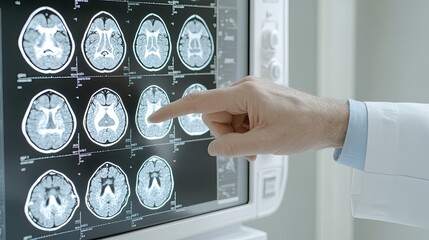 A medical expert examines brain scans displayed on dual monitors, focusing on diagnostic images for evaluation in a clinical environment