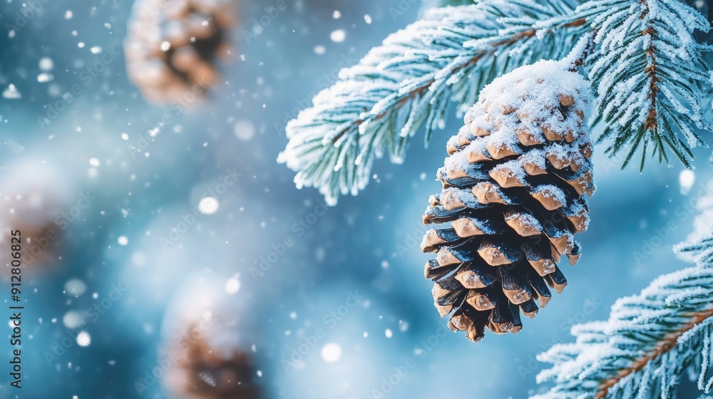 Poster close-up of snow-dusted pine cones on a tree branch, emphasizing the winter atmosphere with space fo