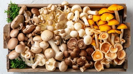 Close-up of a variety of fresh mushrooms including shiitake, enoki, oyster, and button mushrooms.