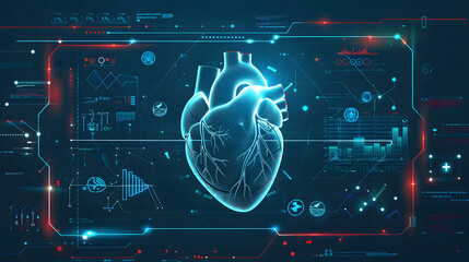 Futuristic medical research or heart cardiology health care with diagnosis vitals infographic biometrics for clinical and hospital design