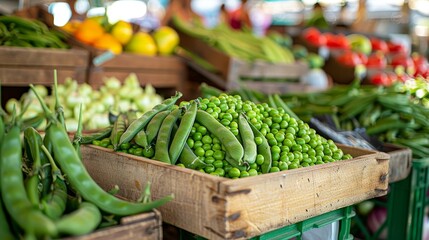 Fototapeta premium Vibrant photo of fresh peas and snap beans in a market setting